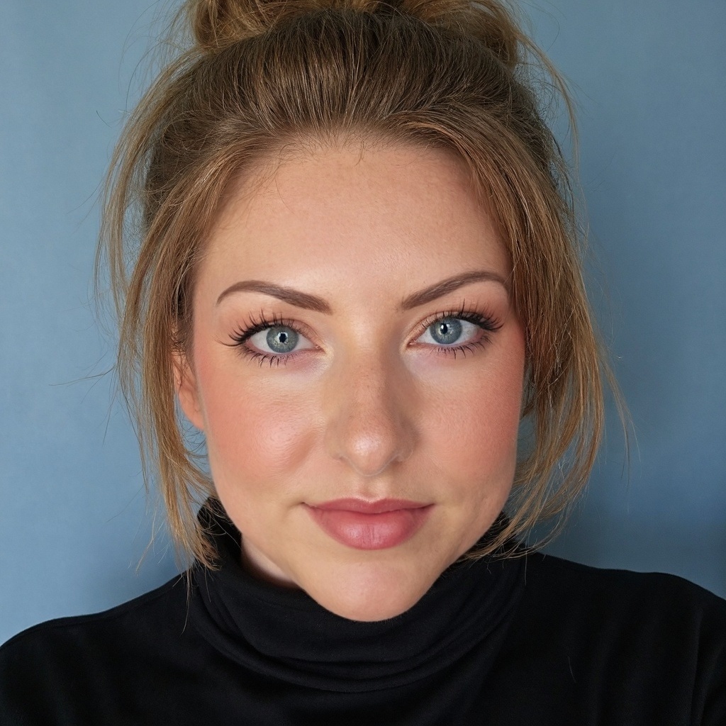 Woman in a black high collar sweater standing in front of a blue wall