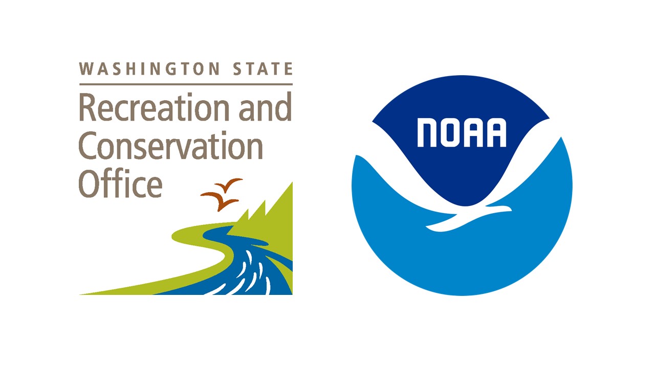 Recreation and Conservation Office logo with orange birds, blue water, and green land. National Oceanic and Atmospheric Administration logo with two toned blue circle and white bird