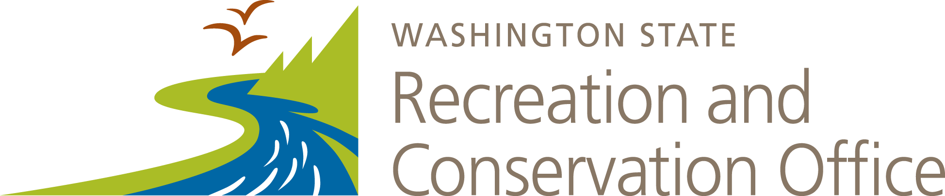 Recreation and Conservation Office logo with a treed hillside, river, fish, and birds