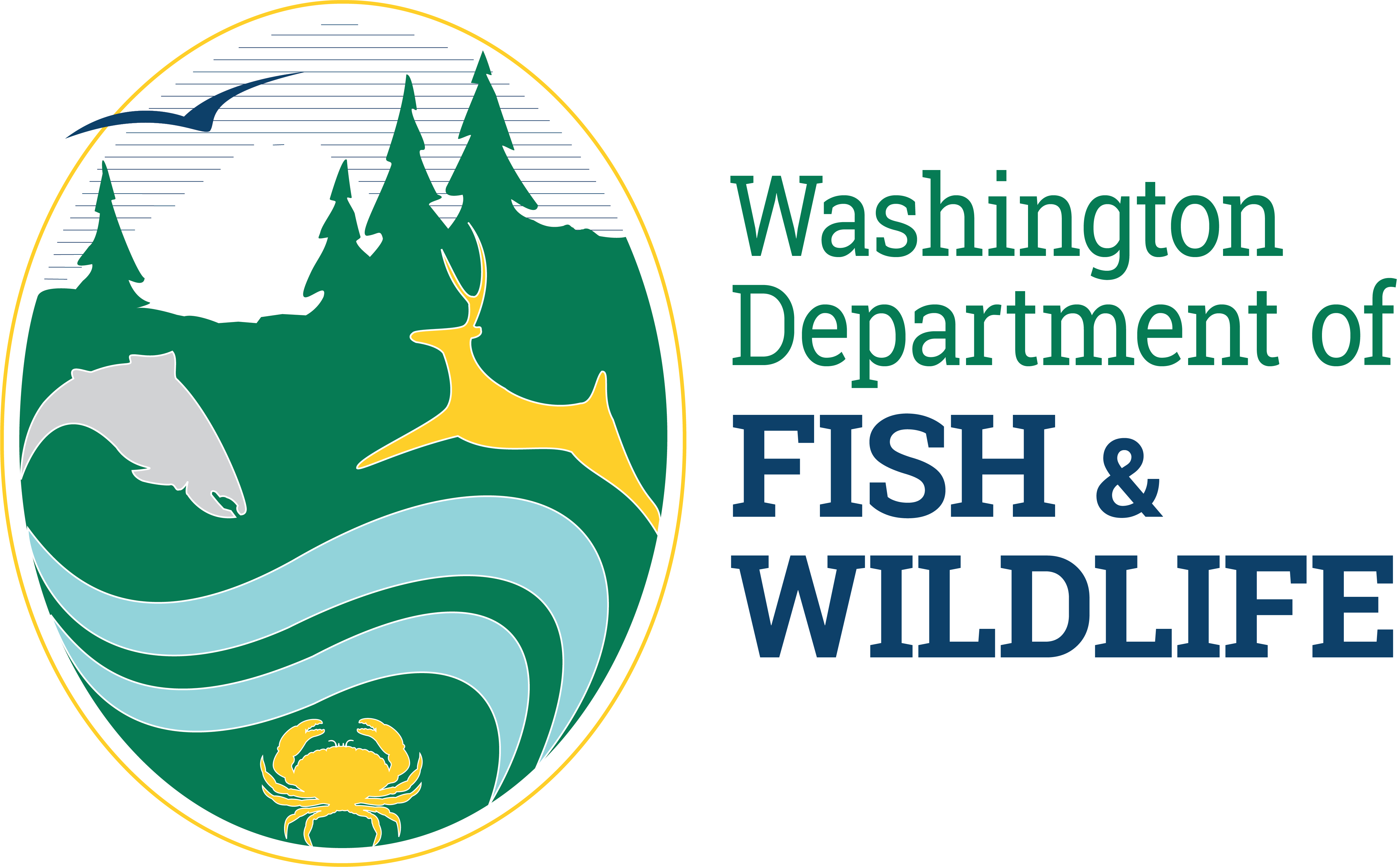 Washington Department of Fish and Wildlife logo with a trees, a mountain, a bird, a fish, a crab, and a deer