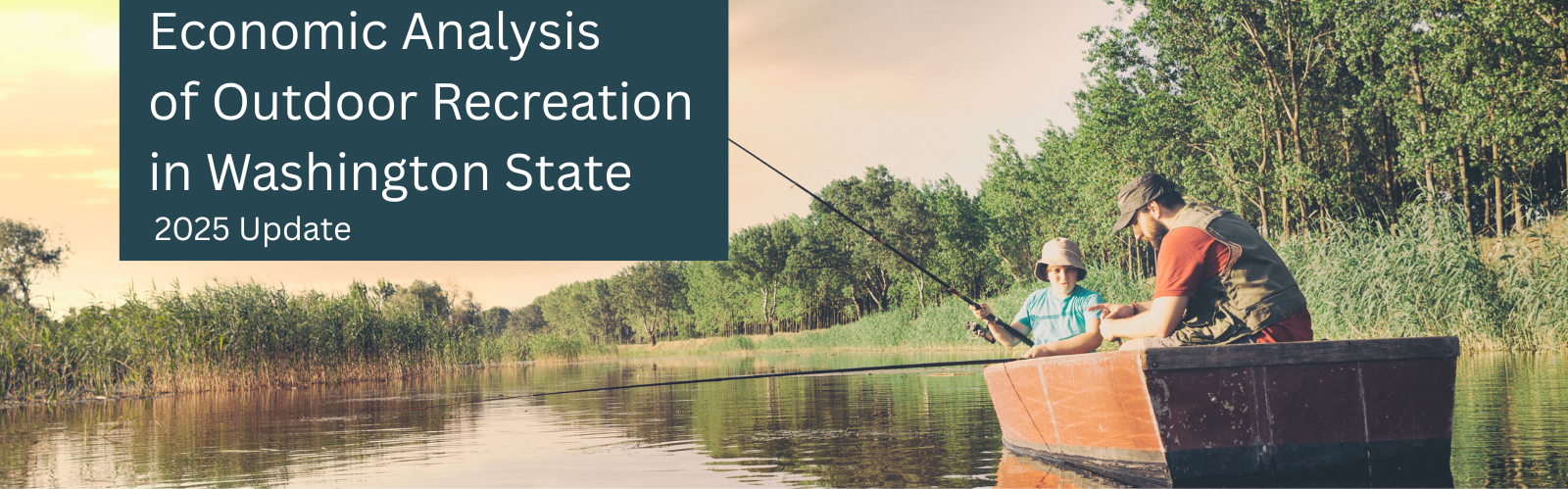 Man and child fishing from a small row boat in a lake.